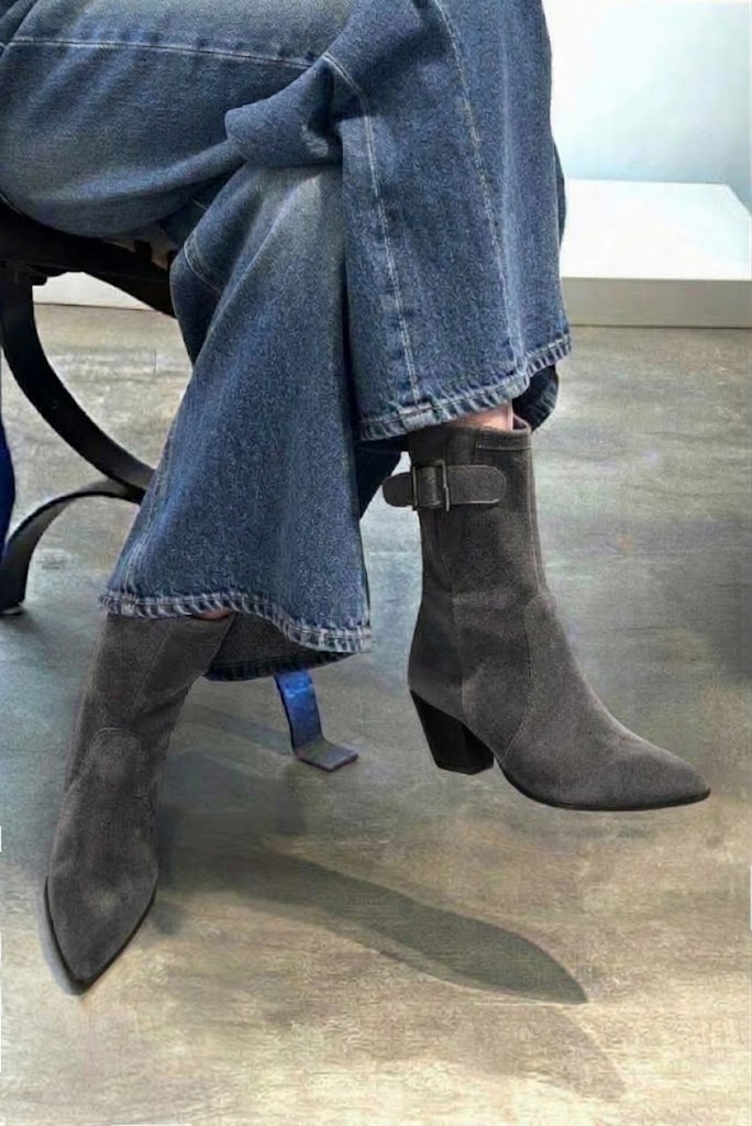 Women's charcoal gray inside-zip ankle boots with almond toe and mid cone heel - Worn view